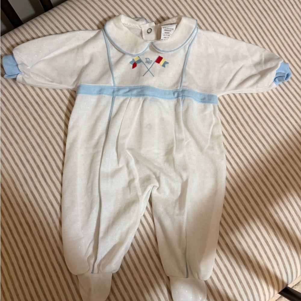Dior White One-Piece Footie with Light Blue Trim and Flag Embroidery